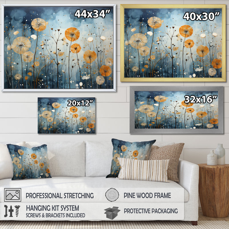 Blue Dandelion Floral Symphony VI - Floral Wall Art Living Room, H 30 po x l 40 po x P 1,5 po, Cadre photo blanc