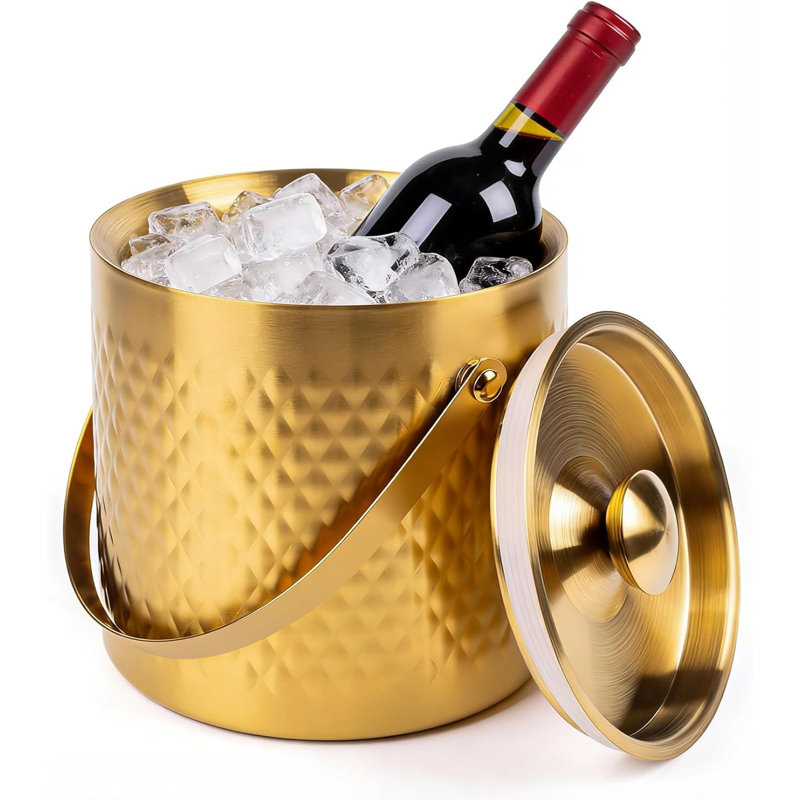 1 Piece 3.0L Golden Stainless Steel Ice Bucket, 7.5×7.5×7.3 Inch (19×19×18.5cm), Sealed Lid & Diamond Pattern, Portable Handle, Food-Grade, Durable, for Luxury Parties, Home Decoration & Holiday Gifts