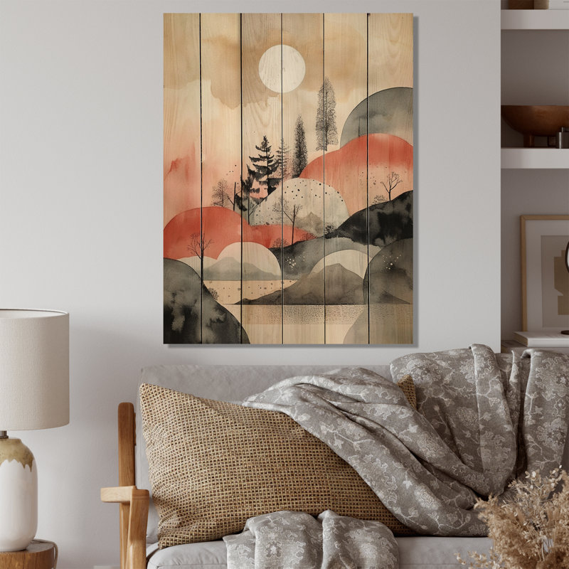 Minimalisme scandinave paysage I - impression de paysage scandinave sur bois de pin naturel, H 40 po x l 30 po x P 0,78 po