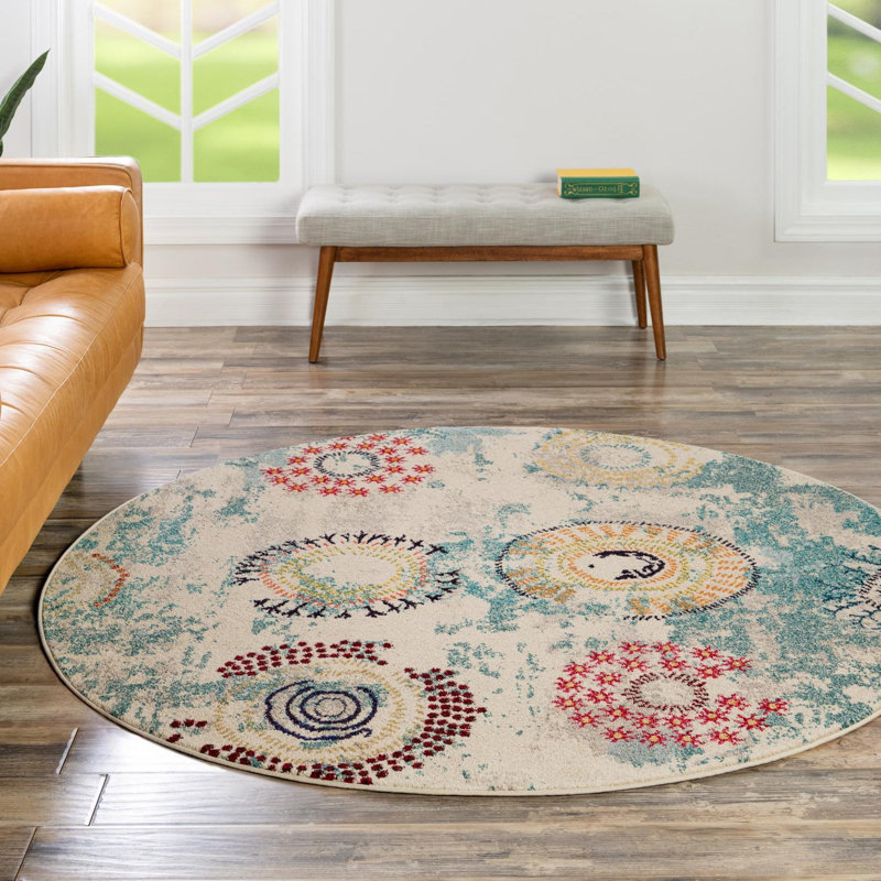 Tapis beige tissé à la machine Eddins, Rond 6 pi 1 po