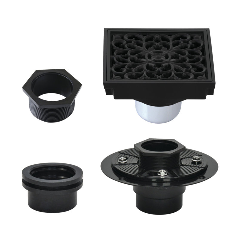 Matte Black 4-Inch Square Brass Shower Drain with Geometric Pattern