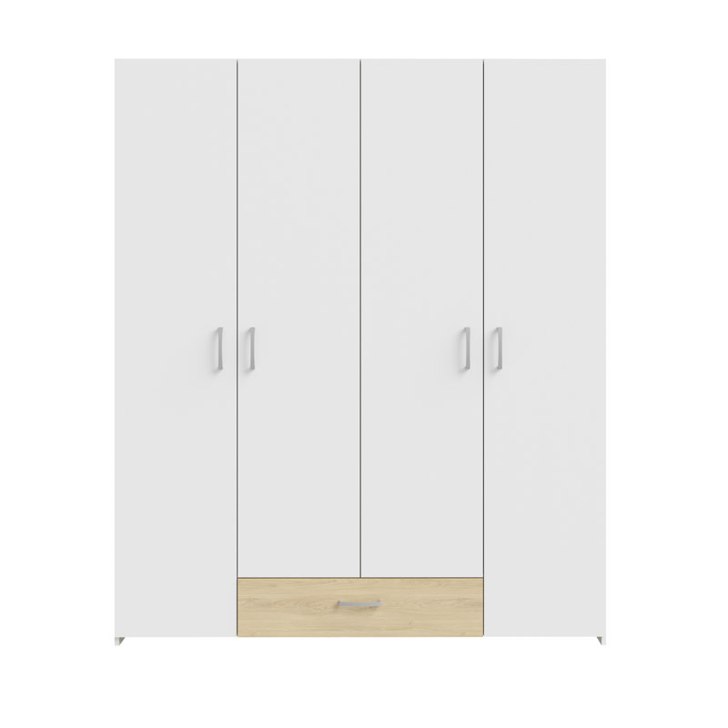 Sugata 4 Door White Wardobe with clothes rail, 178cm W x 211cm H x 54cm D, 159cm W x 191cm H x 54cm D, White/Natural
