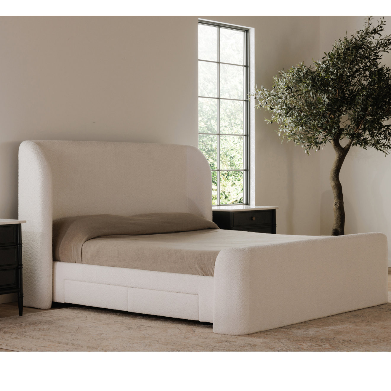 Upholstered Storage Wingback Bed, Queen, Cream Boucle