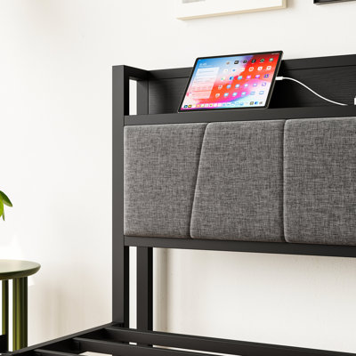 Lit plateforme simple avec rangement pour la tête de lit et ports - 10,4 po sous le rangement, cadre de conception fonctionnelle, fonction de charge pour toutes les tailles de matelas, assemblage facile
