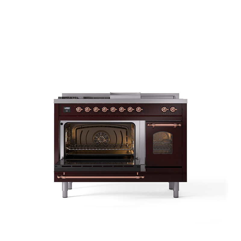 ILVE Nostalgie II Series 48 inch Dual Fuel Range with 5 Sealed Burners, Griddle, Frenchtop (Glass Door), Burgundy/Copper