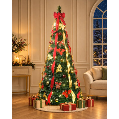 7.5Ft Prelit Pop Up Christmas Tree Decoration, Collapsible Artificial Xmas Tree with 200 Warm Lights, Pre Decorated Popup Christmas Trees, Foldable Xmas Trees for Holiday, Party Decoration
