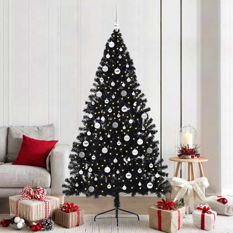 6.89' H Lighted Artificial Christmas Tree, 210 cm, with 120 Silver Balls, Black