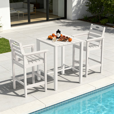 3-Piece HDPE Outdoor Adirondack Bar Set with 2 Tall Bar Stools and Table, All-Weather Patio Bar Height Dining Set with Armrests for Backyard, Poolside & Deck