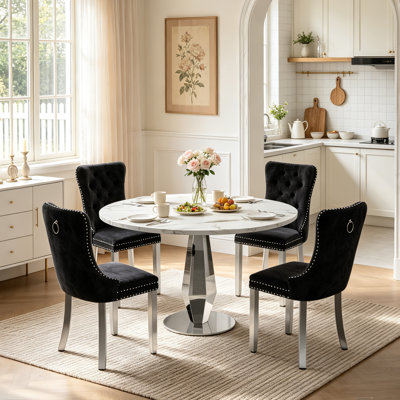 5-Piece Round Faux Marble Dining Table Set for 4, Luxury 47" Circle Kitchen Dining Room Table with Silver Diamond Pedestal Base