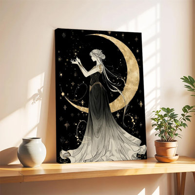 Mystical Moon Goddess With Crescent Moon And Starry Night Background, Large Gallery Wrapped Canvas Wall Art Print For Living Room Bedroom