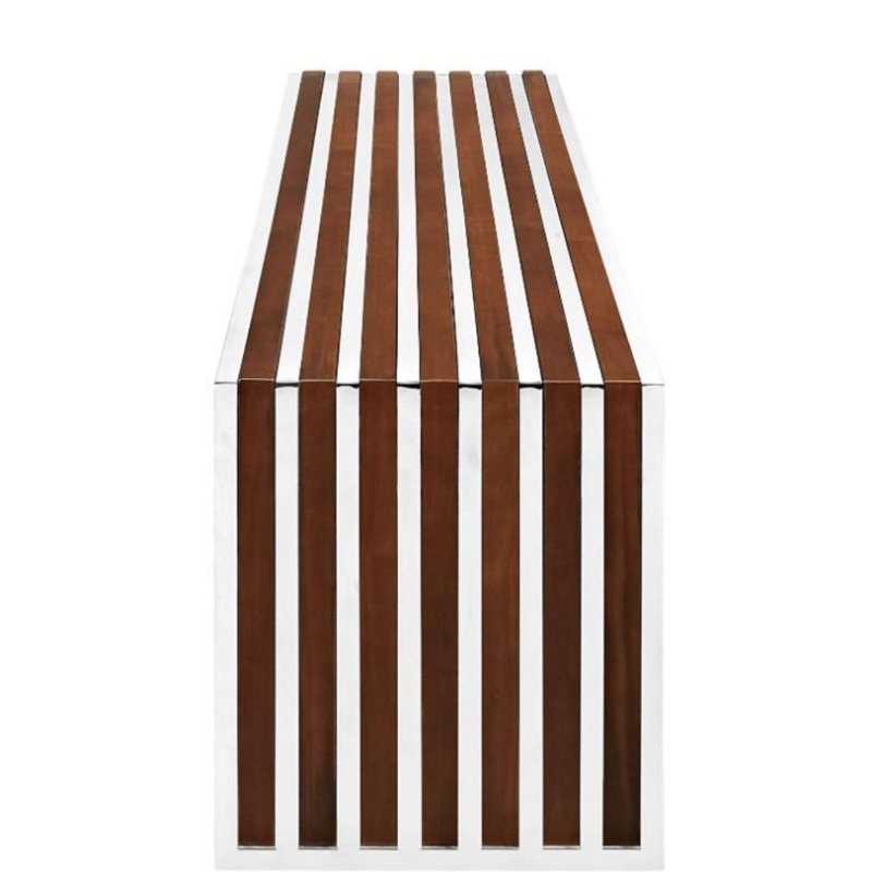 Banc moderne en bois de noyer avec base en acier inoxydable - Siège d'entrée, de chambre à coucher ou de salon
