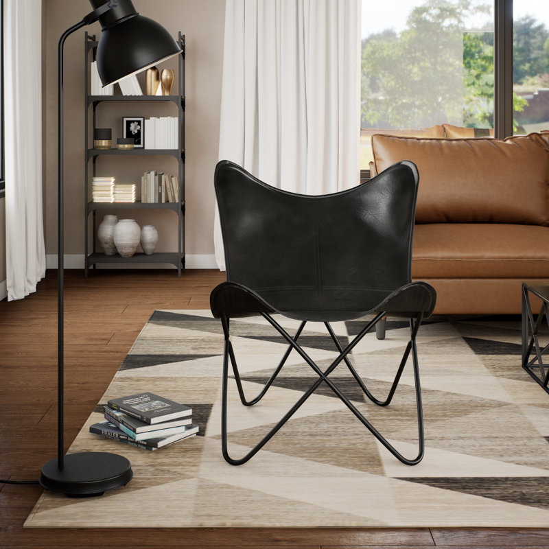 Lanyiah vidaXL Butterfly Chair, Lightweight Armchair with Powder-Coated Steel Frame, Comfortable Genuine Goat Leather, Versatile Utility 26" x 29.1" x 35.4"