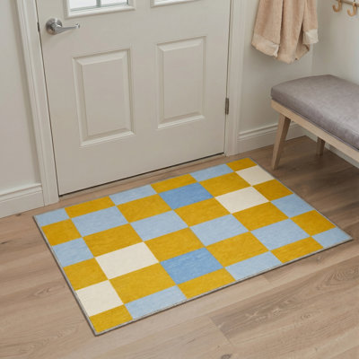 Tapis intérieur jaune / bleu / beige lavable à la machine Liadan Gridlock