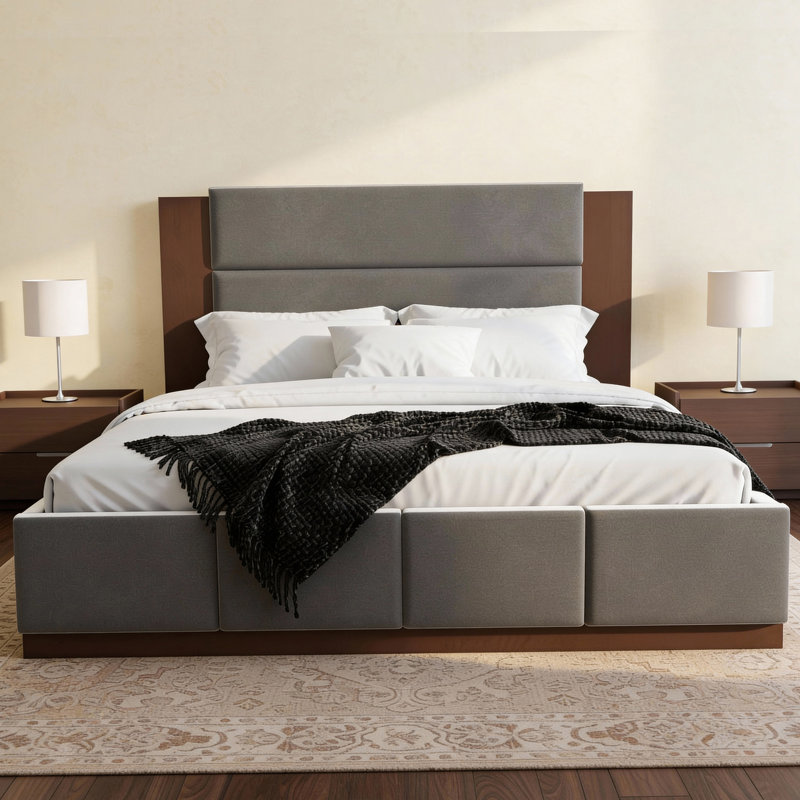 Lit plateforme tapissier, cadre de lit avec tête de lit, Gris, Grand lit
