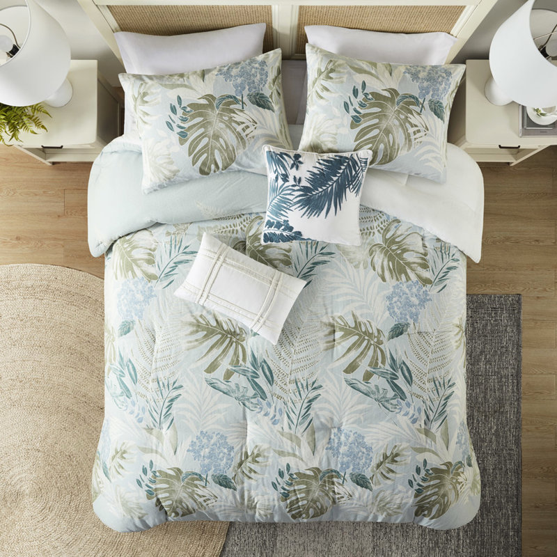 Édredon bleu 6 pièces avec coussin décoratif - literie à imprimé tropical pour un abri côtier tranquille
