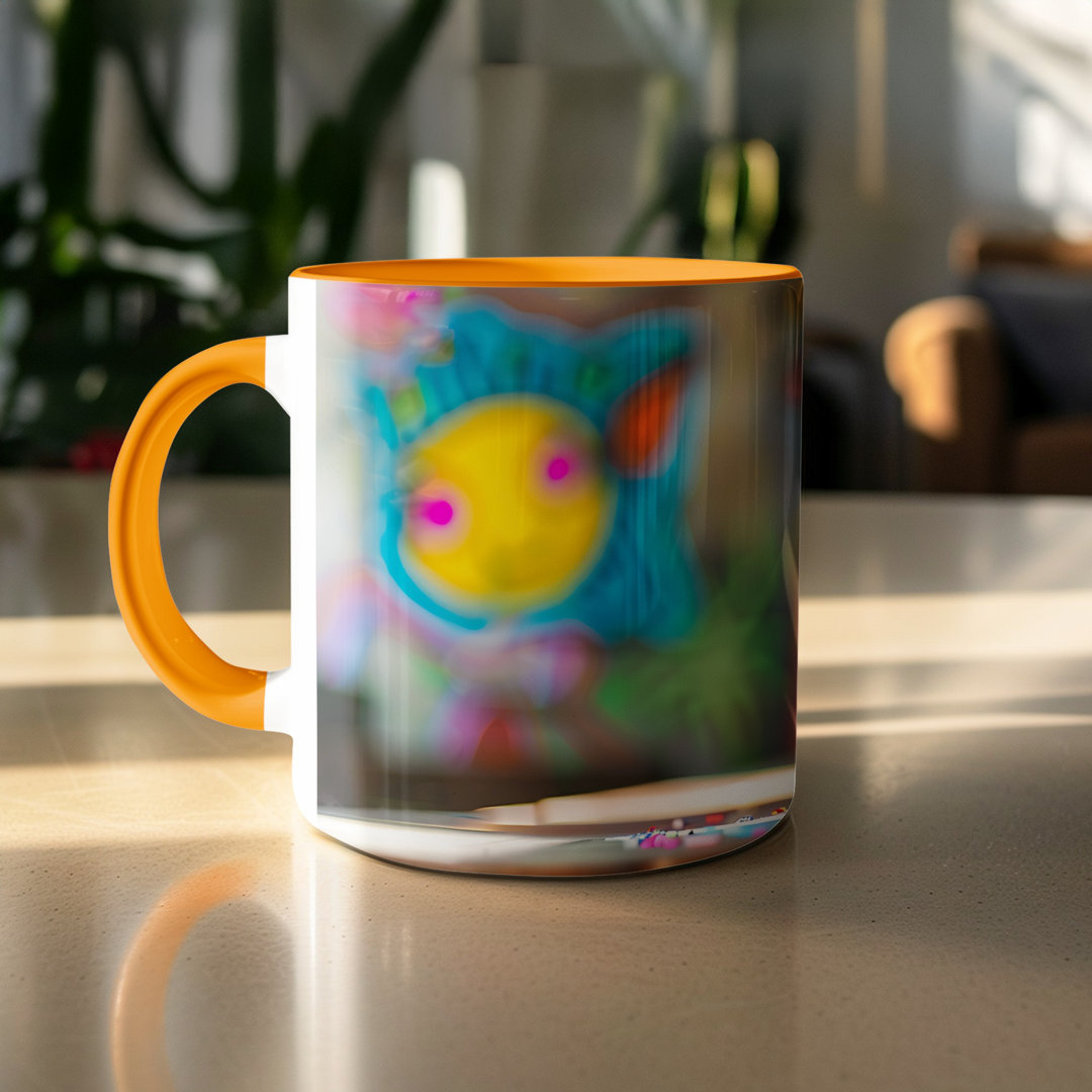 Kids Drawing Style 11oz Accent Mug – White Ceramic Coffee Cup with a Orange Handle and Interior