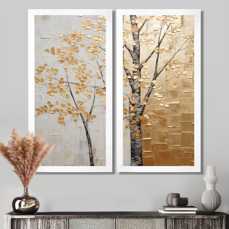 Minimalisme Golden Trees Harmony - Arbres encadrés, décorations murales beiges, ensemble de 2, H 20 po x l 24 po, Blanc