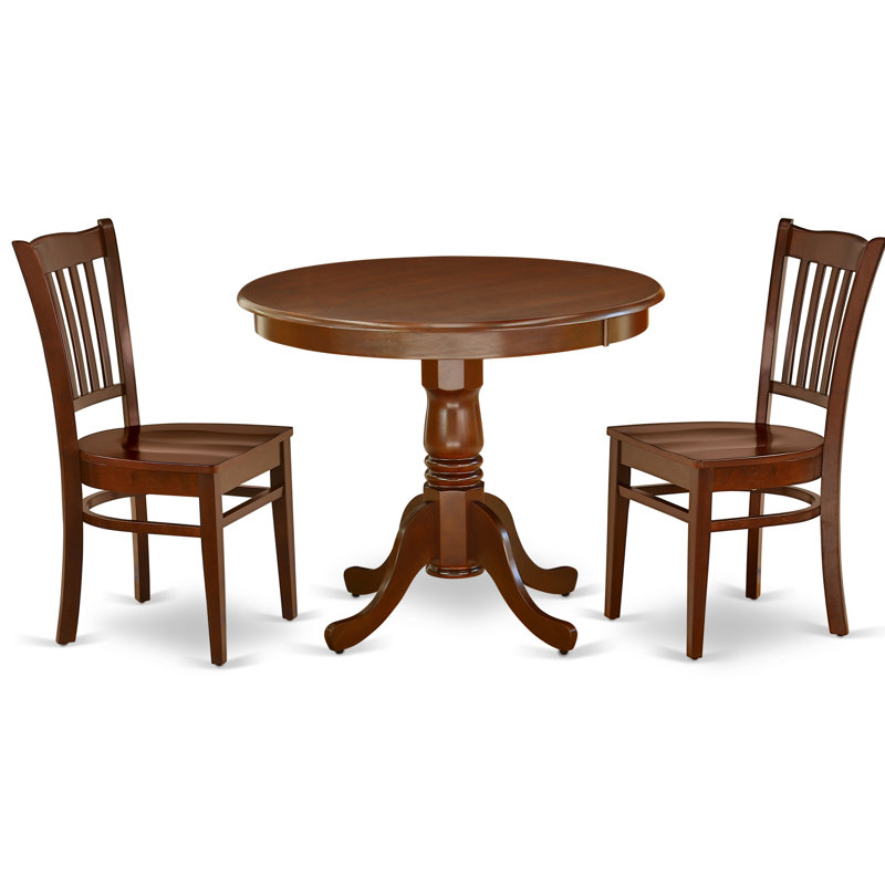 Ensemble de coin-repas 3 pièces pour petits espaces comprenant une table de salle à manger ronde avec piédestal et 2 chaises de cuisine, acajou 