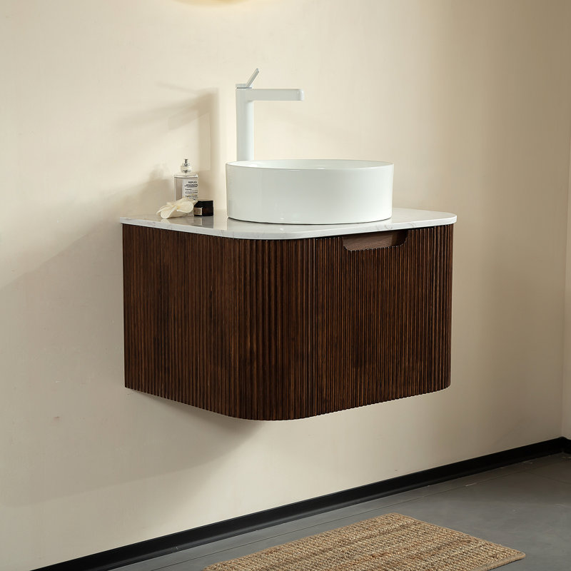 Dina 24" Striped Solid Wood Bathroom Vanity With Sink, Modern Wall-mounted Floating Curved Edges Striped Bathroom Storage Cabinet With A Drawer, White Round Ceramic Basin Without Faucet, Pre-assembled