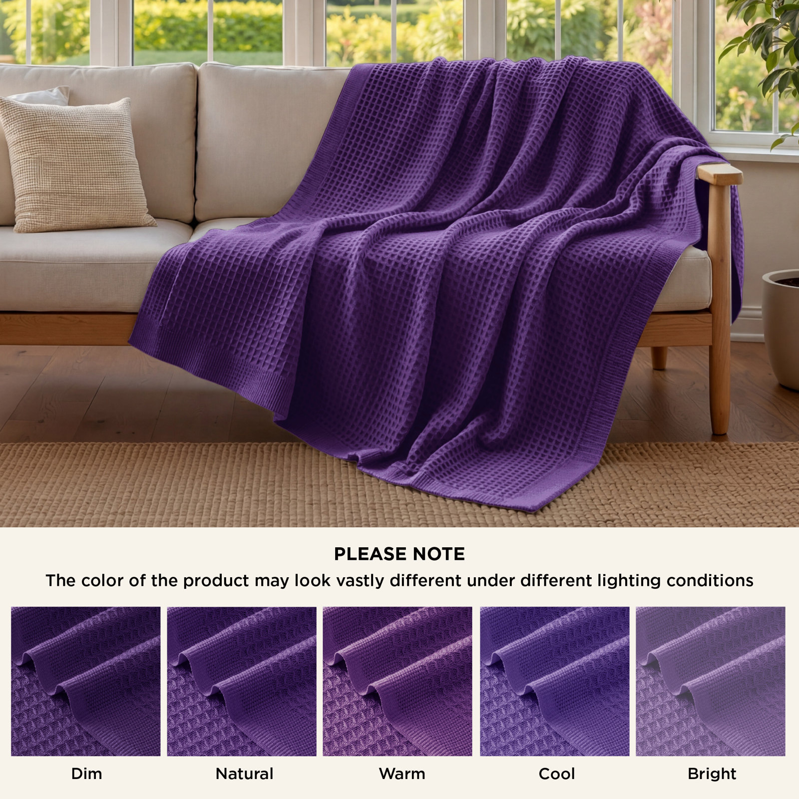 Bedsure Cotton Waffle Weave Throw Blanket, Queen, Purple