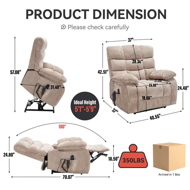 Electric Power Lift Chenille Recliner With Heat And Massage, Beige
