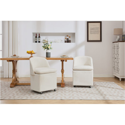 Set of 2 Chenille Fabric Dining Chairs With Universal Wheels,Beige