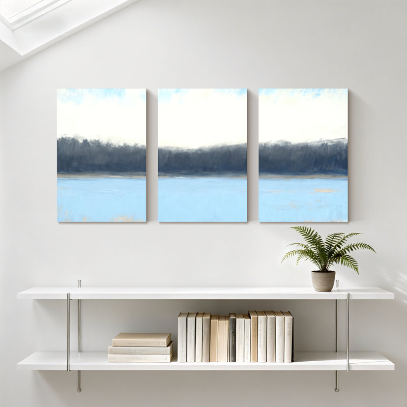 Hiver, forêt, paysage abstrait, eau, ciel, arbres, horizon, calme, sérénité, ensemble de 3 impressions sur toile