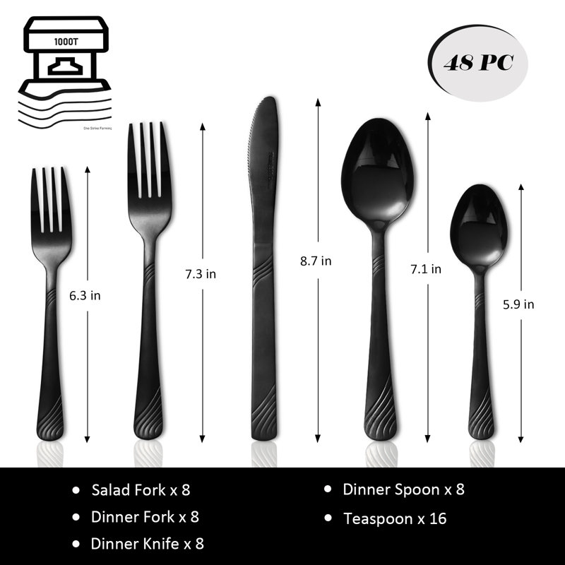 Ensemble de 48 couverts en acier inoxydable noir 48 pièces - Service pour 8, Noir