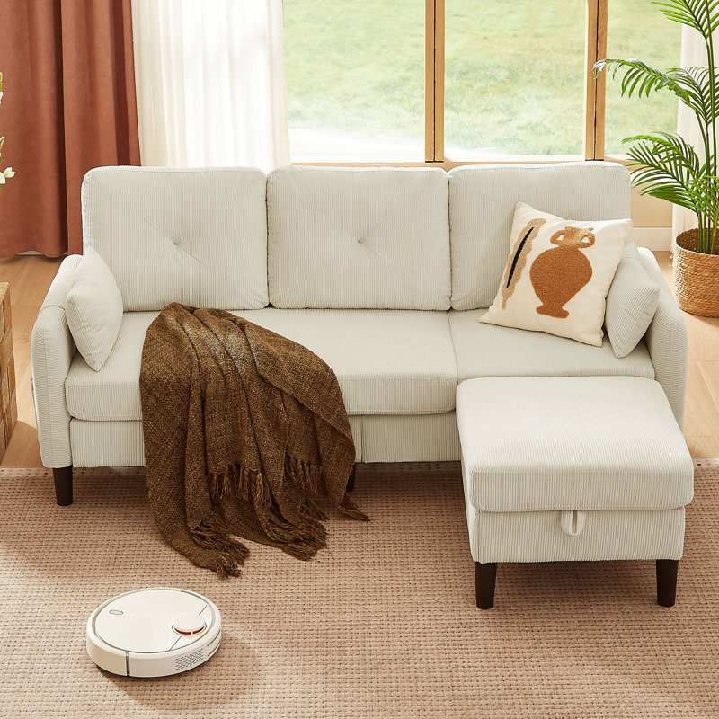 Canapé modulaire en velours côtelé avec repose-pieds et poches de rangement latérales, 35.83" H x 77.17" W x 26.57" D
