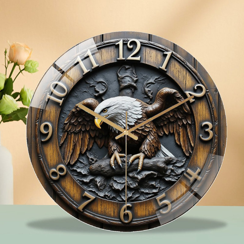 Horloge murale silencieuse en verre trempé de 30 cm, « Horloge murale Aigle au design réaliste 2D », sans tic-tac, fonctionne avec des piles (piles AA non comprises), décoration artistique pour la maison