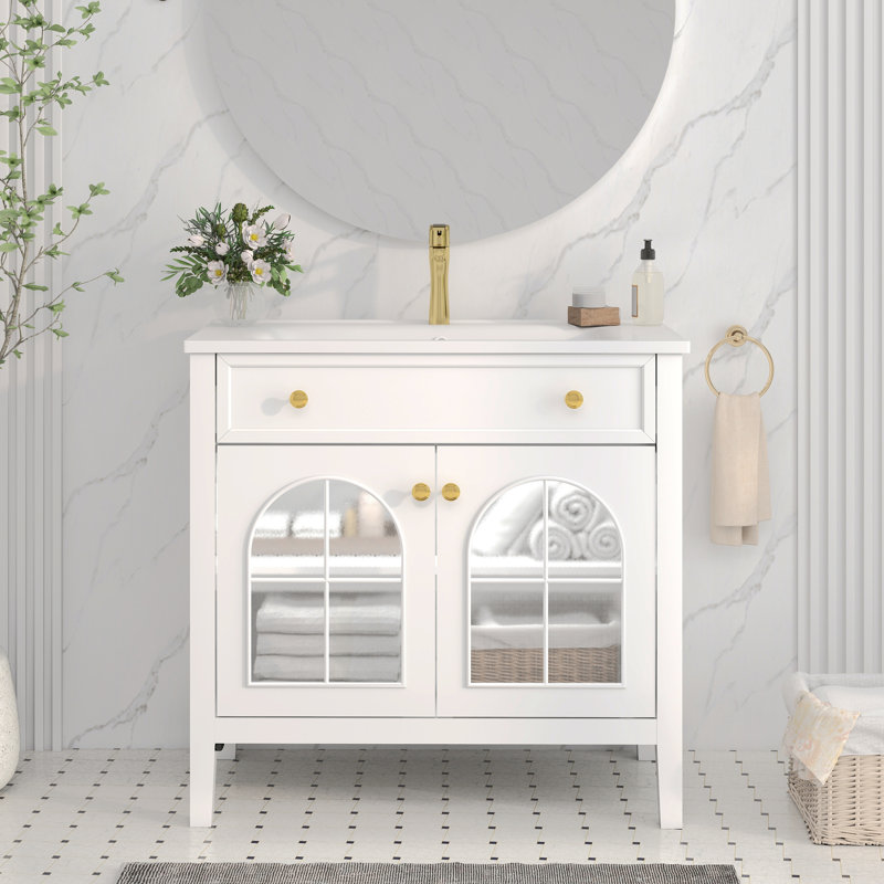 Meuble-lavabo simple de 35,6 po avec lavabo et plateau en céramique, meuble-lavabo de style Mid-Century avec verre à motif et bande lumineuse à capteur de mouvement, armoire de rangement pour salle de bain de ferme avec tablette, blanc