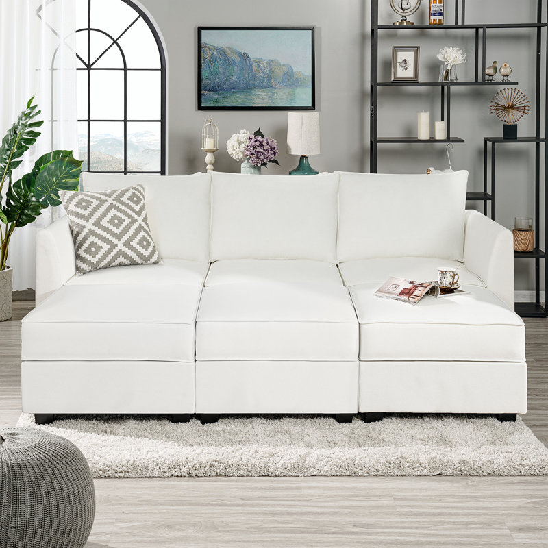 Canapé confortable avec repose-pieds triple Marchelo, Duvet blanc