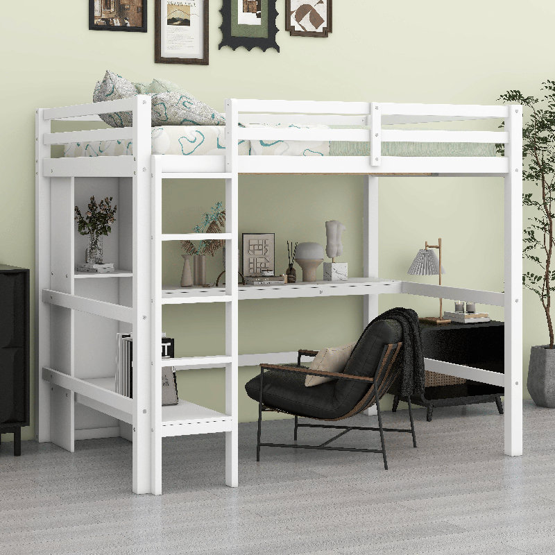 Lit mezzanine double avec tablettes multifonctionnelles et bureau sous le lit - parfait pour la chambre à coucher, Blanc