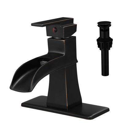 Robinet pour salle de bain en bronze huilé avec bec cascade, plaque de pont, drain escamotable, conduites d'alimentation, robinet de lavabo en céramique monté sur le robinet, lignes