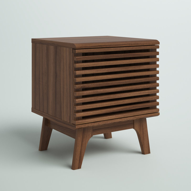 Walnut Mid-Century Modern Vinyl Record Display Stand with Hinged Door