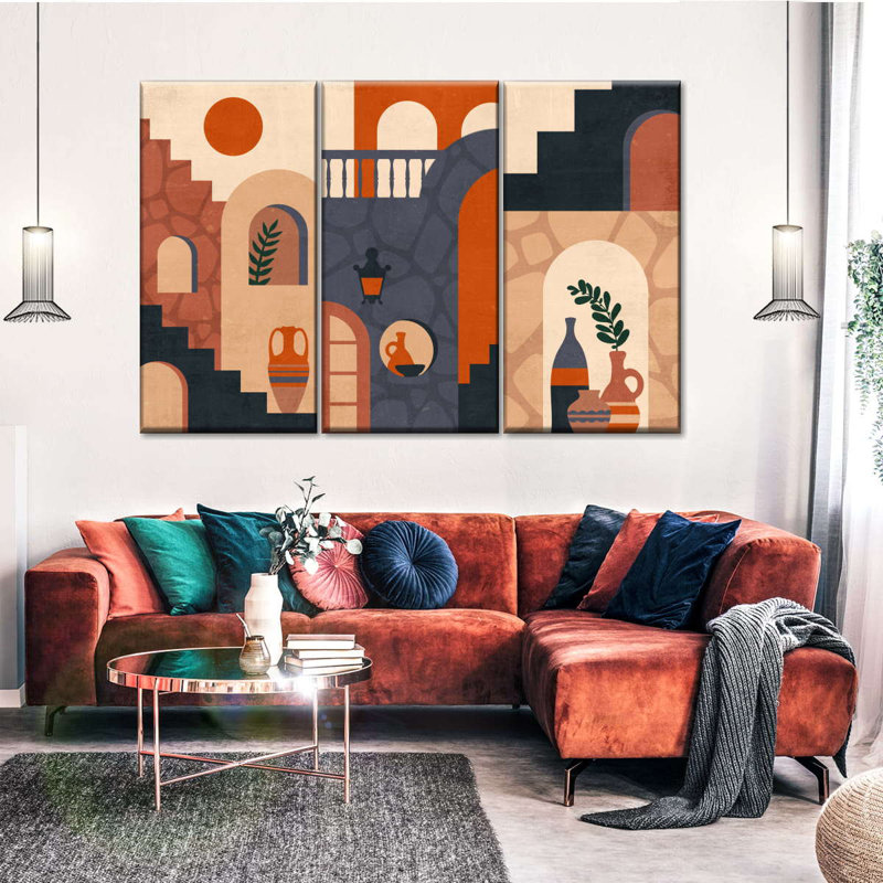 Abstrait architecture Mid-Century sur toile 3 pièces, H 32 po x l 50 po x P 1,25 po