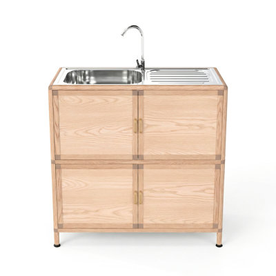 Station de lavabo d'extérieur en grain de bois naturel, hauteur 33,61 po, anticorrosion, parfaite pour les zones de barbecue avec 2 armoires de cuisine, surface profonde, teinture, facile à nettoyer