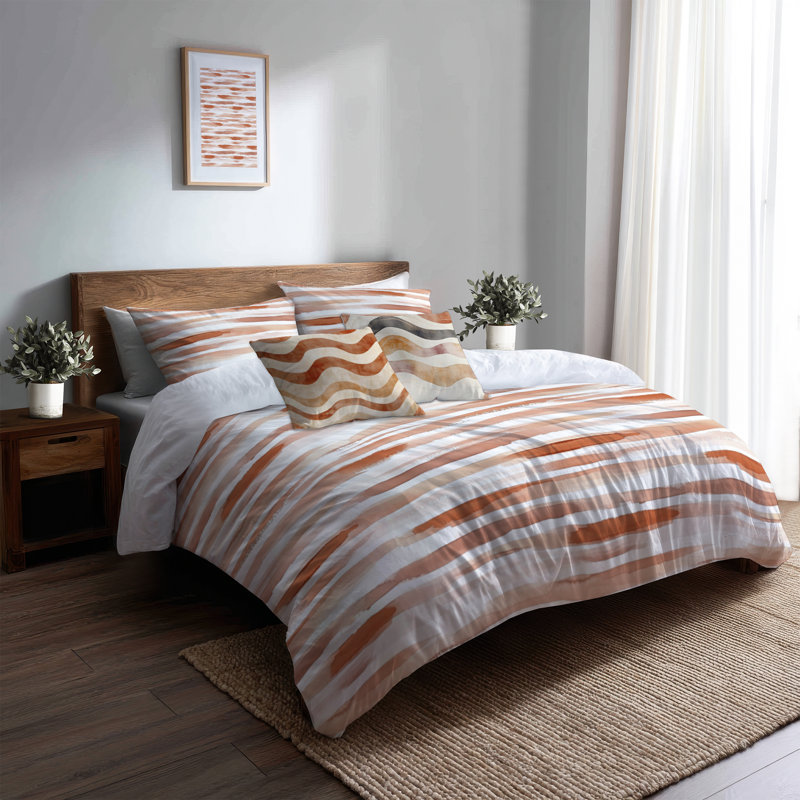 Ensemble de literie à motif abstrait 5 pièces - Ensemble de housse de couette et de coussin rayé brun Boho