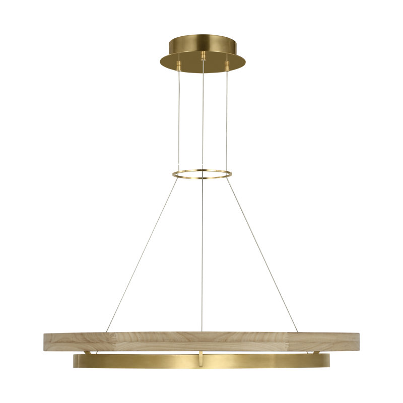 Sean Lavin Grace LED Ring Chandelier in Hand Rubbed Antique Brass/Natural Oak with Wood shade, 149.8" H x 35.8" W x 35.8" D 