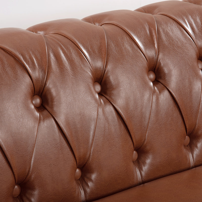 Canapé Chesterfield en similicuir avec accoudoirs roulés et capitonnage à boutons, 3 Seater, Brown