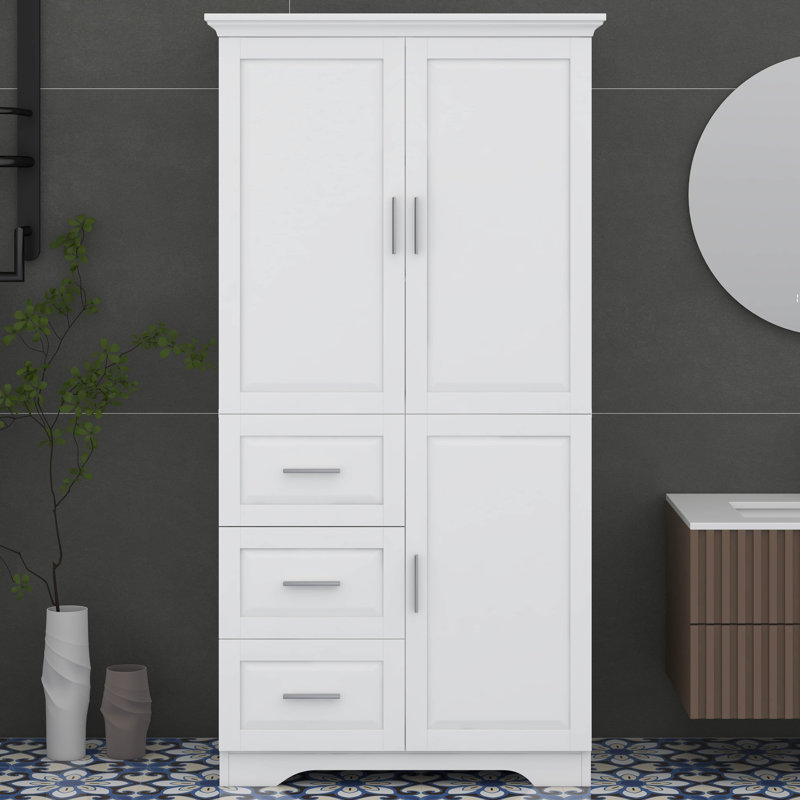 Tall Storage Cabinet, Modern Freestanding Pantry With 3 Doors, 3 Storage Drawers, Cabinet With Adjustable Shelf For Bathroom, Office