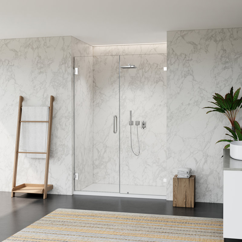 Brushed Gold Frameless Pivot Hinged Shower Door with Clear Glass