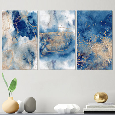 Art mural en marbre bleu doré, ensemble abstrait moderne - nuages de marbre bleu et or III