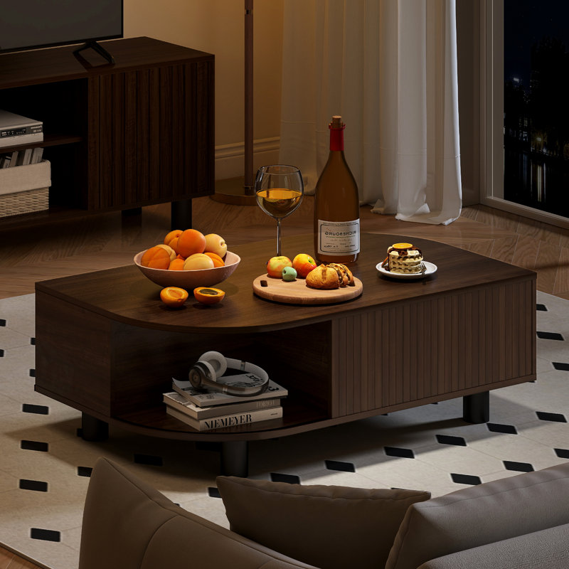 Wood Coffee Table with Storage & Fluted Sliding Doors for Living room, Unique Leaf-Shaped Design, Brown