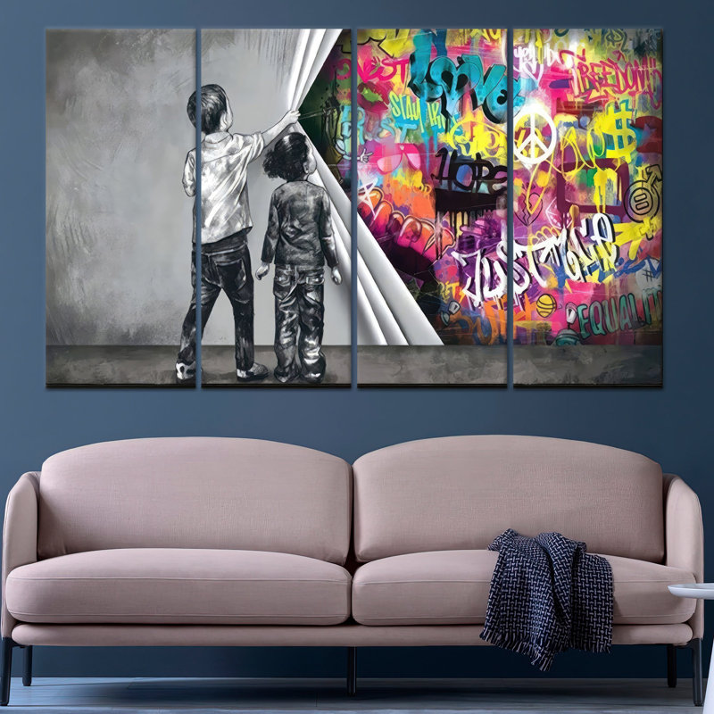 Art sur toile Banksy Boy: Graffiti Wall Decor, option, toile tendue 4P, 43,3 po H x 78,7 po l