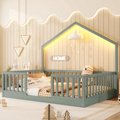 Lit double surélevé avec rails hauts, lit Montessori en bois avec lumière