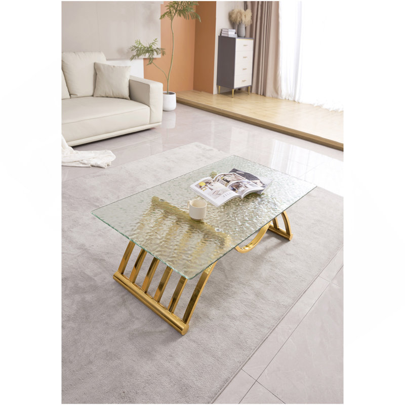 Table basse rectangulaire moderne en acier inoxydable de 47 po, table basse en verre trempé Water Ripple, table centrale, pour le bureau personnel du salon, assemblage facile, or
