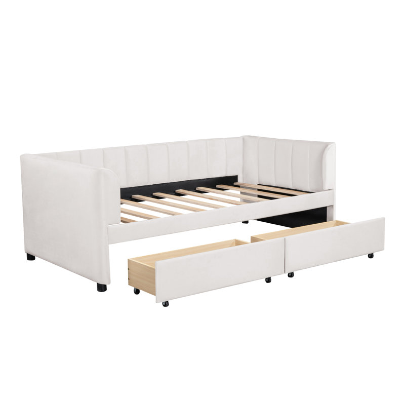 Lit de jour simple tapissier avec dossier ergonomique et 2 tiroirs, beige