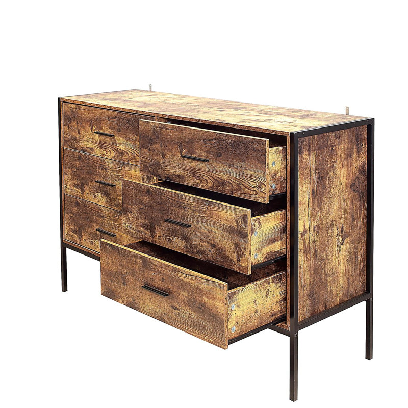 Commode double à 6 tiroirs de style industriel avec rangement en bois brun rustique et structure en acier robuste, commode à 6 tiroirs, armoire de rangement pour la chambre à coucher et le salon