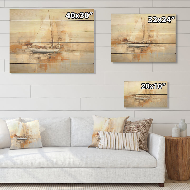 Bateau à voile sur la mer I - art en bois sur bois de pin naturel, H 30 po x l 40 po